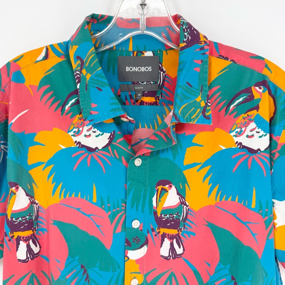 BONOBOS Coral Toucan Tropics Riviera Short Sleeve Button Down Shirt Blue Size M - Picture 5 of 11